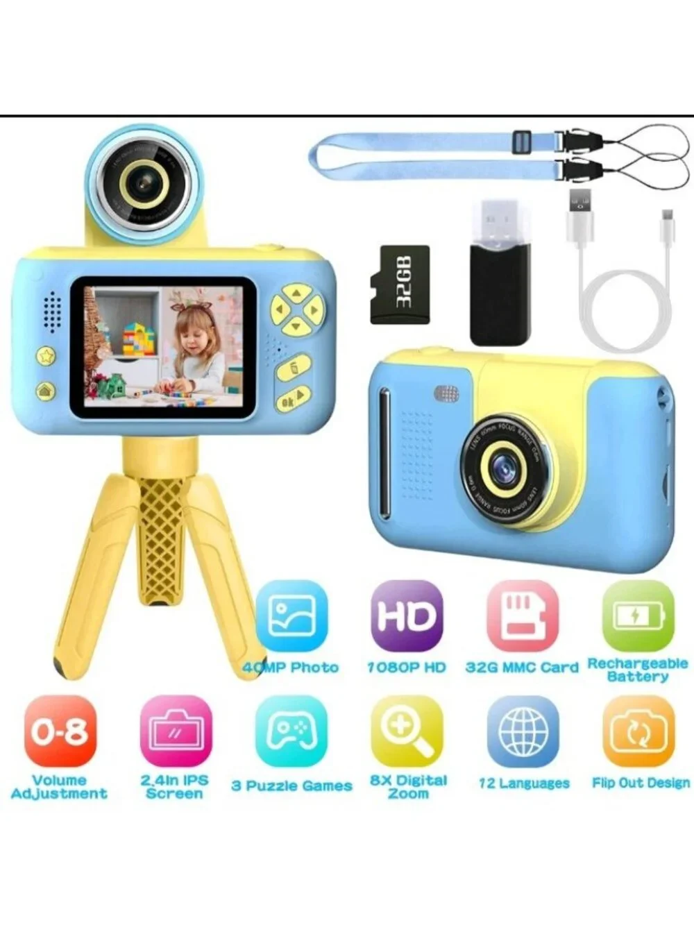 Kids Digital Camera Autofocus 1080P Vlogging Camera with 32GB SD & Tripod Stand